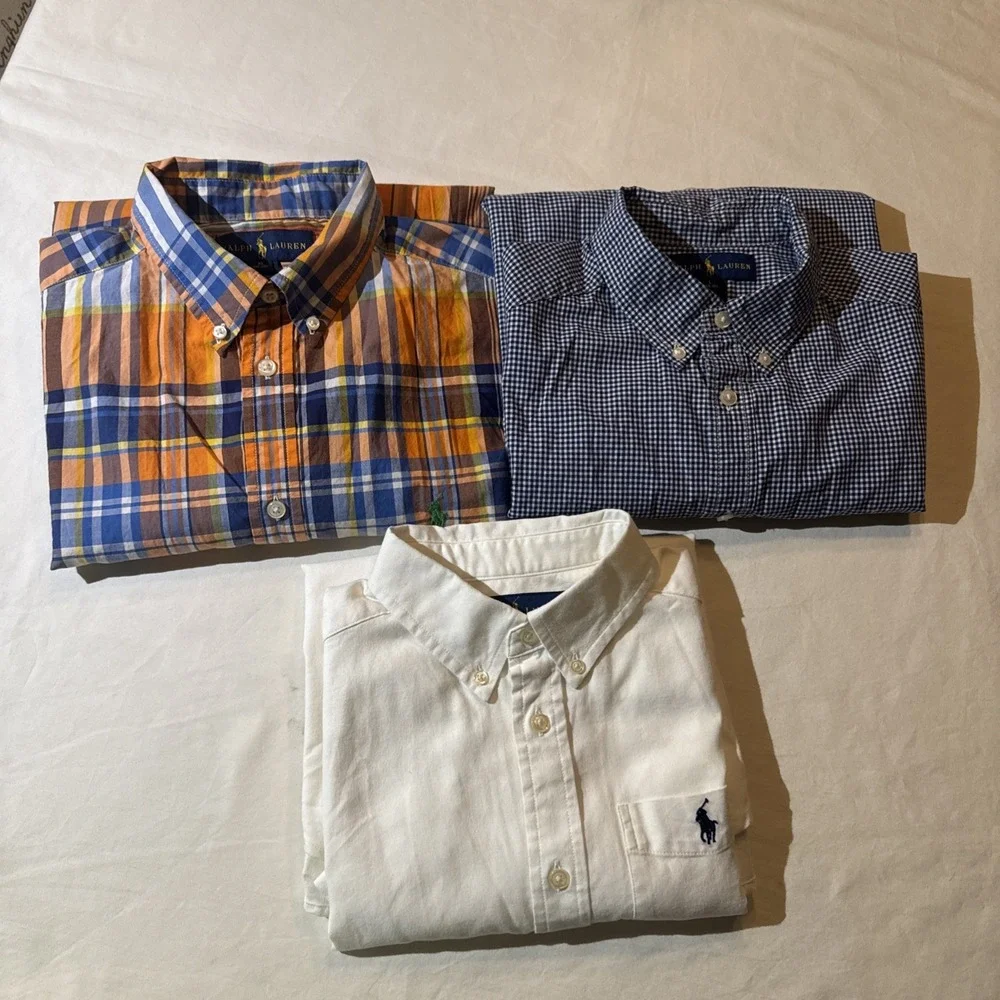 Ralph Lauren 3 Shirt Lot 2-L 14-16 SS White LS Gingham 1-XL 18-20 LS Plaid